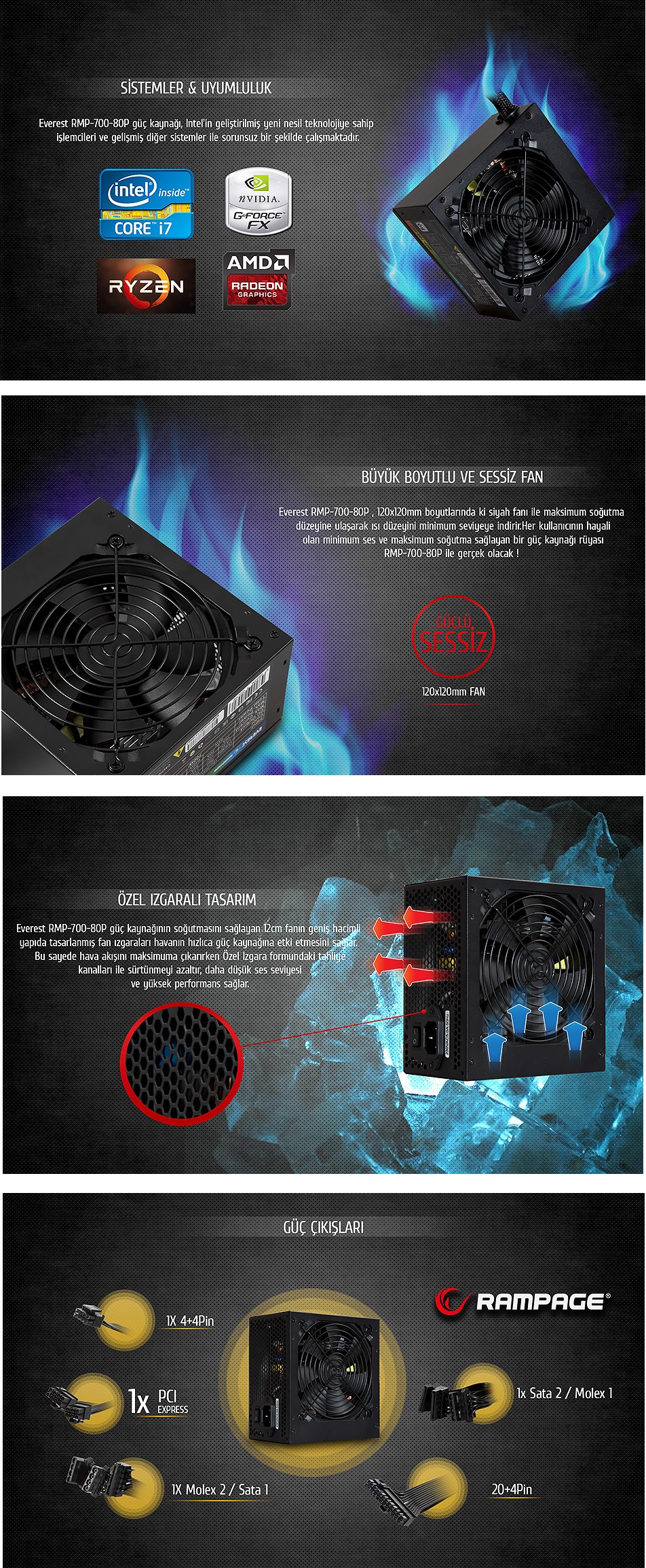 Rampage RMP-700-80P 700W 80 Plus 12cm Fan Aktif PFC Power